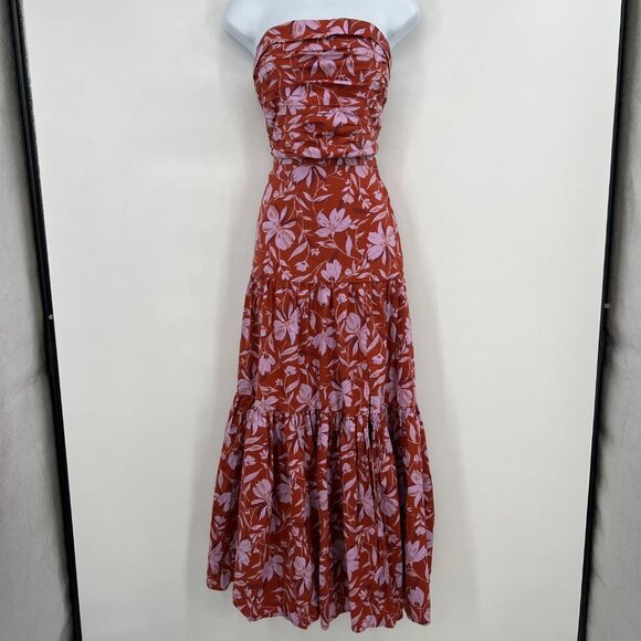 WAYF  Two Piece Strapless Floral Maxi Dress Rust Red Pink Tiered Smocked Back S - Picture 1 of 16